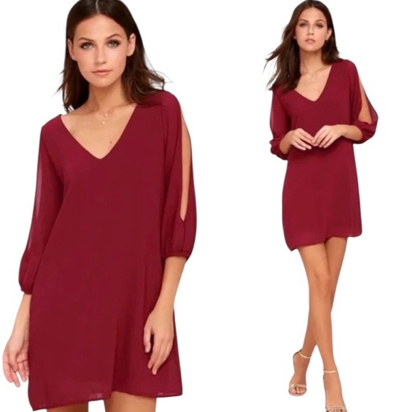 Lulu's | Elegant Burgundy V-Neck Long Sleeve Shift Dress Size Small - Picture 1 of 9